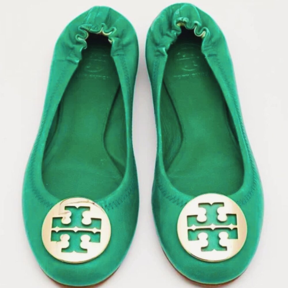 Tory Burch Reva Ballet Flats Green Pebbled Leather Gold-Tone Logo Hardware